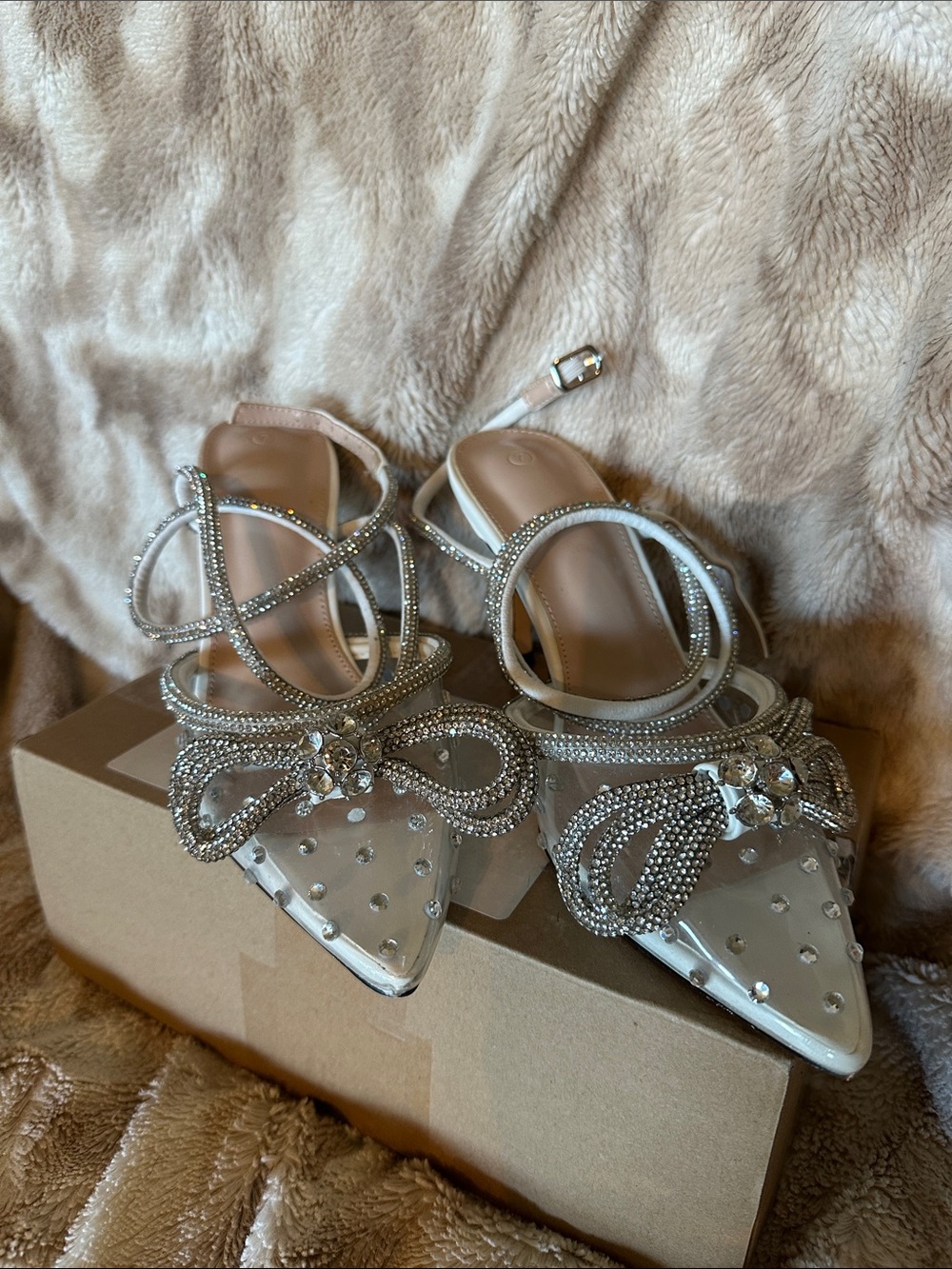 Crystal-Embellished Pointed-Toe Heels in White